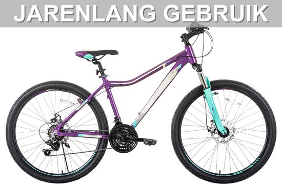 Dames mountainbike - Voor volwassenen - 21 versnellingen, vergrendelbare verende vork, dubbele schijfremmen, aluminium frame - Paars, 51/66/69 cm van Merkloos — afbeelding 4