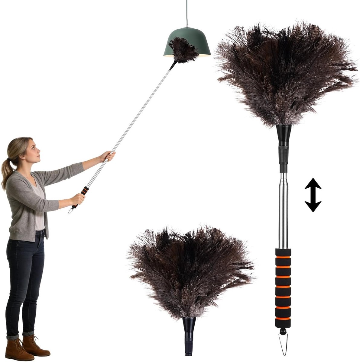 Uittrekbare Veren Duster van Struisvogel, 51-150 cm, Zachte Echte Veren voor het Verwijderen van Spinrag, Stof en Vuil van Hoge Plafonds, Ventilatoren, Jaloezieën en Auto's