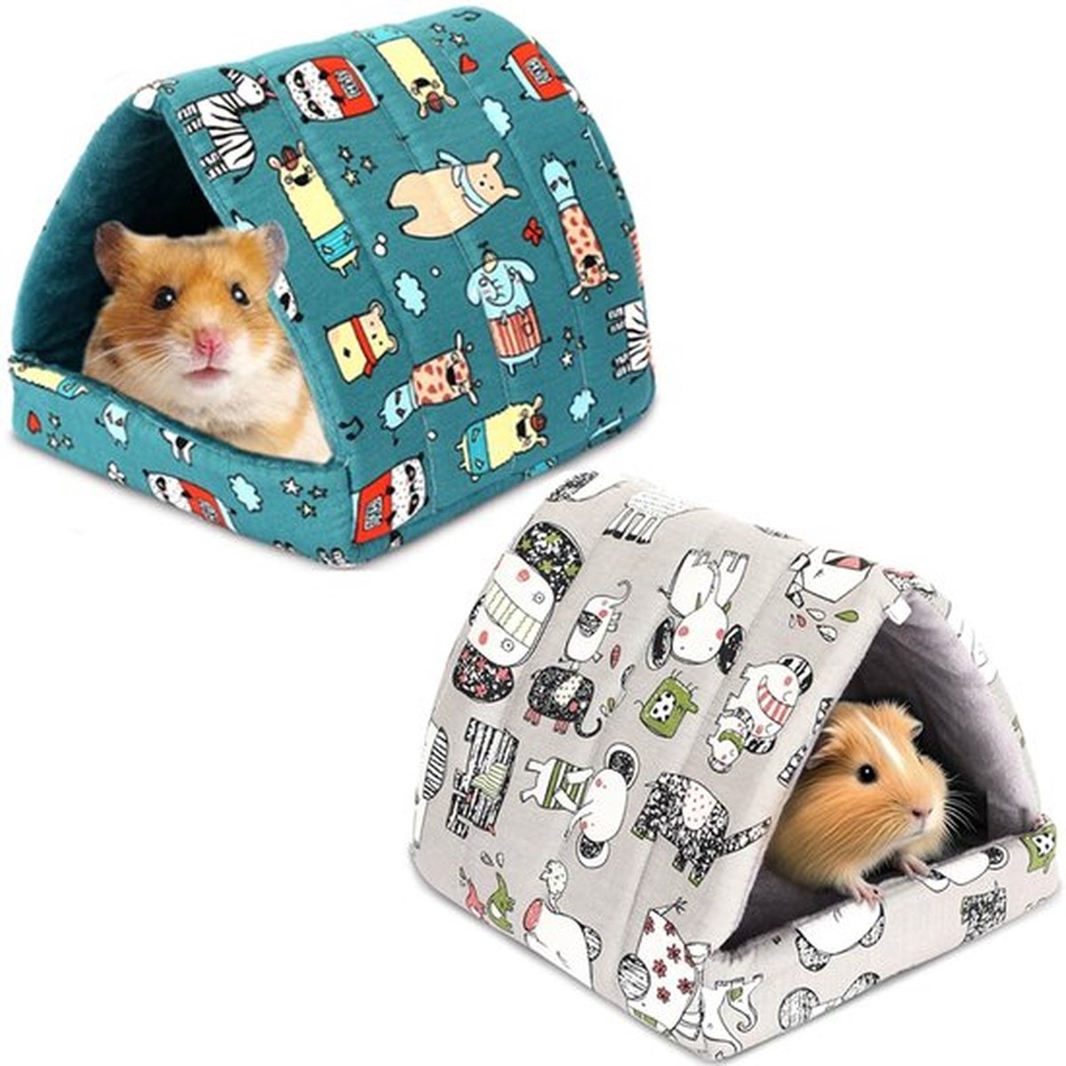 Set van 2 schattige dierenkooien, schuilplaats voor cavia's, hamsterhuisje, wasbare kooi voor kleine dieren, zacht en warm slaapbed voor huisdieren zoals cavia's, muizen, chinchilla's, hamsters, egels en fretten