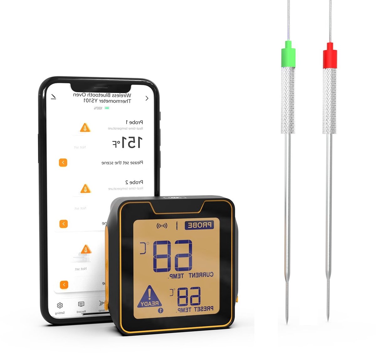 Digitale Vleesthermometer met Bluetooth en Timerfunctie, 2 Probes voor Koken en Grillen