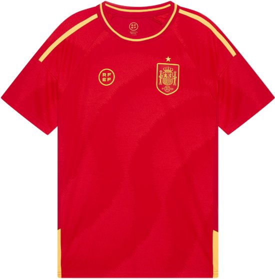 Maillot de football rouge de l'Espagne avec des accents jaunes sur les épaules et les côtés. Logo RFEF et écusson.