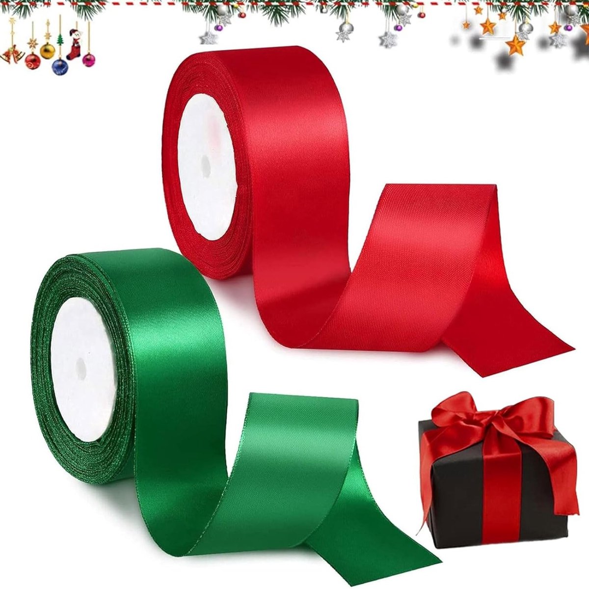 Kerstdecoratie: Satijnlint Set van 2 Rollen, 22 m x 25 mm, Perfect voor Cadeauverpakking, Knutselen en Bruiloften