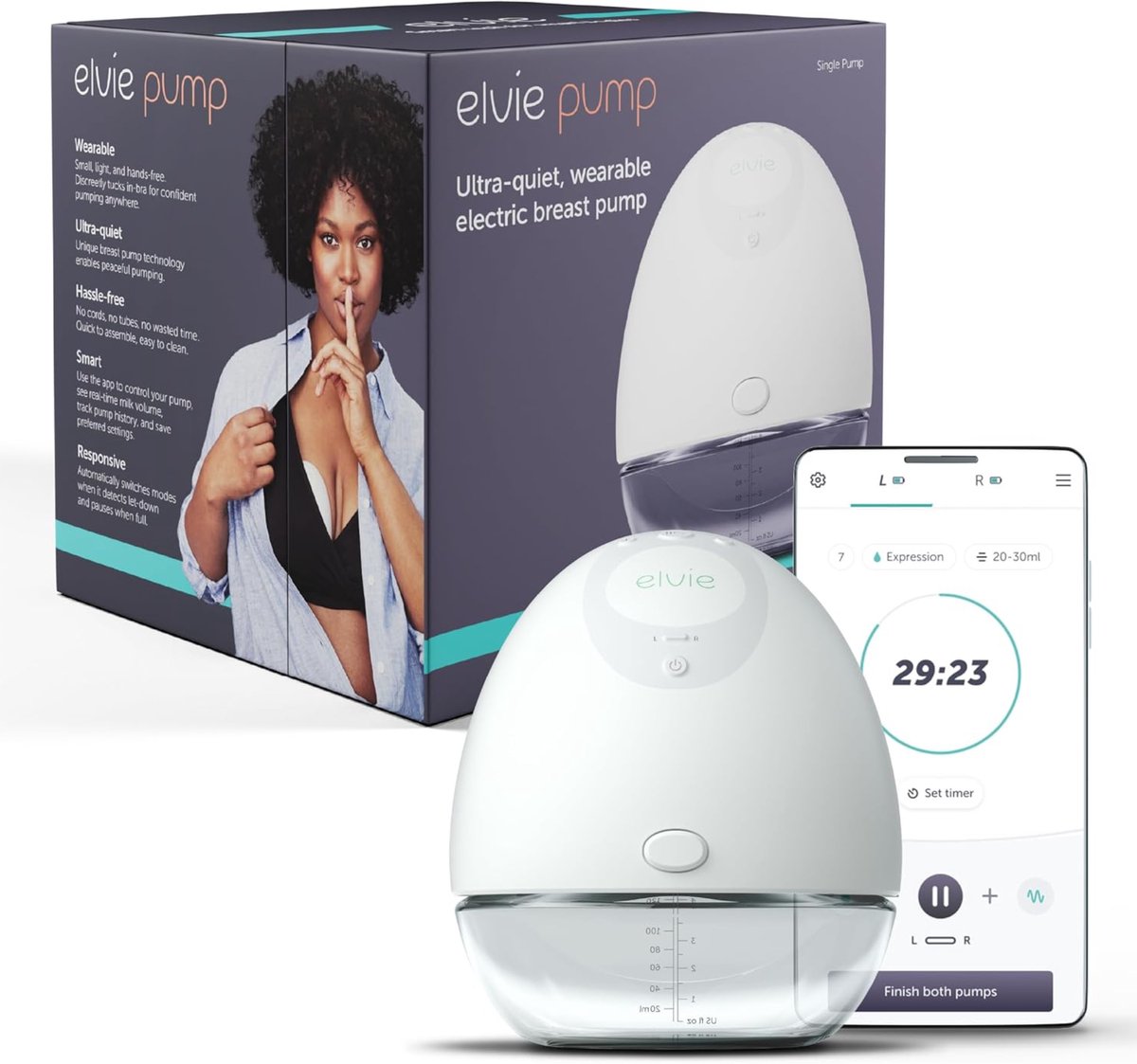 Elvie® Pump Elektrische Borstkolf – Enkele handsfree borstkolf van ziekenhuiskwaliteit - Het kleinste en meest discrete draagbare kolf apparaat - Incl. gratis App en 2 flessen