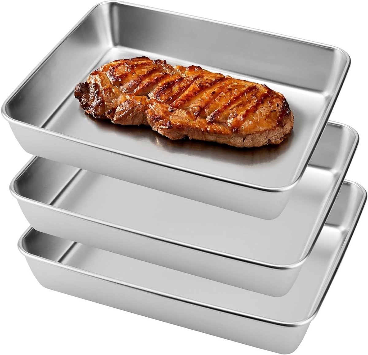 Set van 3 RVS rechthoekige ovenschaal, 32 x 22 x 5 cm, bakvorm, braadslee, ideaal voor ovenschotels en gratins