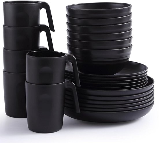 Plastic servies sets 24pcs voor 6, herbruikbare borden en kommen sets, schotel set omvatten diner borden, dessert bord, ontbijtgranen kommen, kopjes voor thuis, tuin, picknick, camping, zwart — afbeelding 5