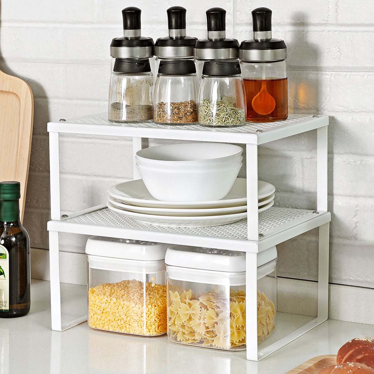 Keuken Organisator Planken Kast Opbergers Stapelbaar Uitbreidbaar - Set van 2 - Metalen Keuken Planken - Wit - KCS01WT — cadeau in Cadeau-ideeën - foto 2
