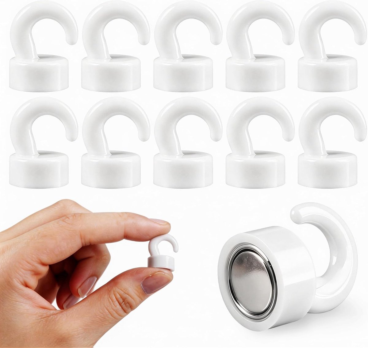 Mini Magnets Strong met haken geschikt voor kantoor, klaslokaal, cruiseschip en keuken, schattige neodymium magneten haken geschikt voor koelkast, pakje van 10 (wit)