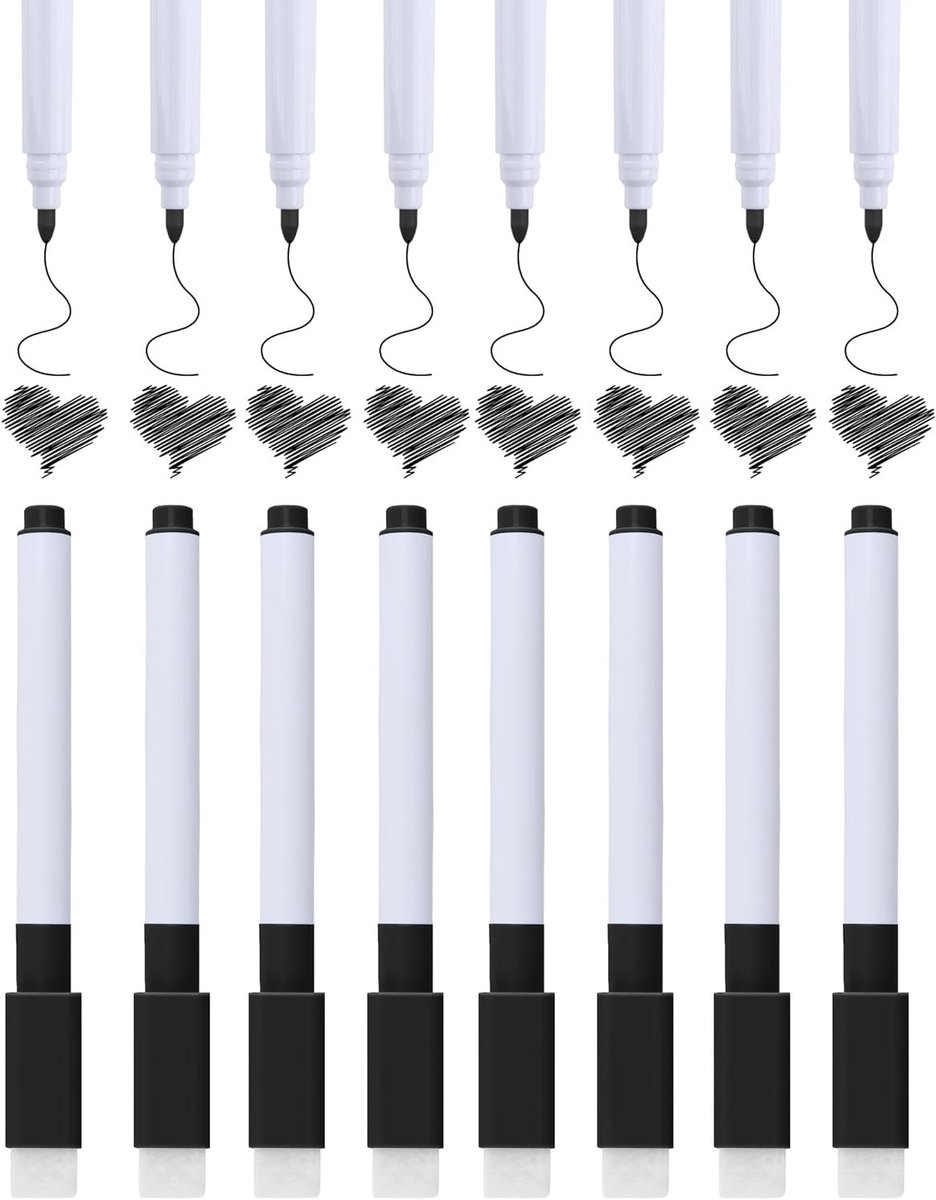Magnetische Whiteboard Markers Set van 8 - Zwarte Drooguitwisbare Stiften met Wiper - Fijne Punt voor Kantoor, School en Koelkast