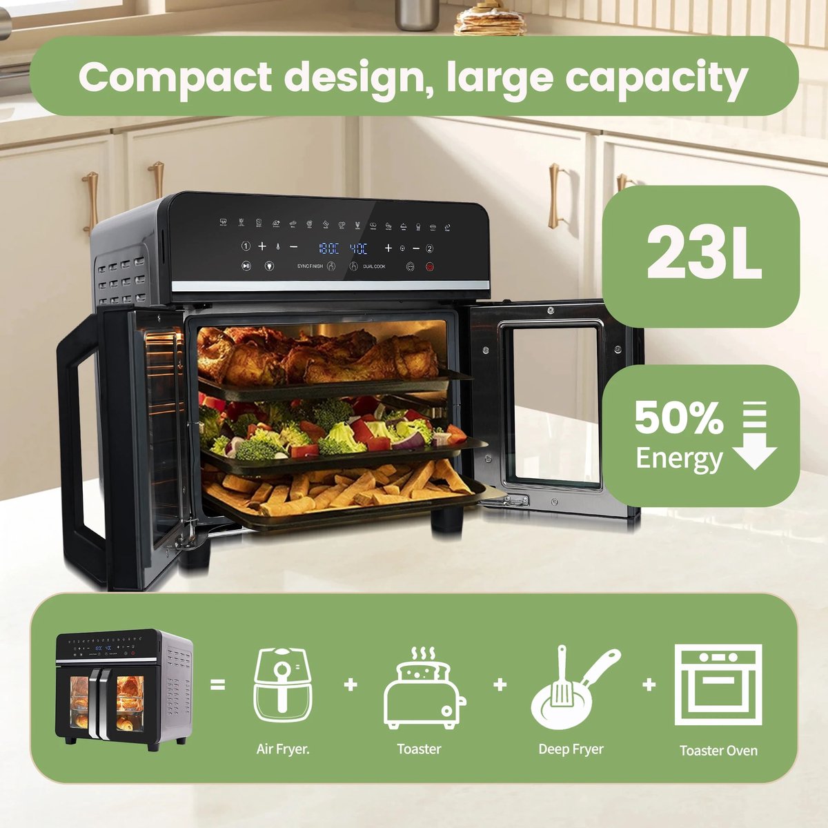 Heteluchtfriteuse XXL 23L met 2 Zones – Airfryer Oven 2200W – 15 Programma’s – LED Touchscreen – Incl. Receptenboek — afbeelding 2