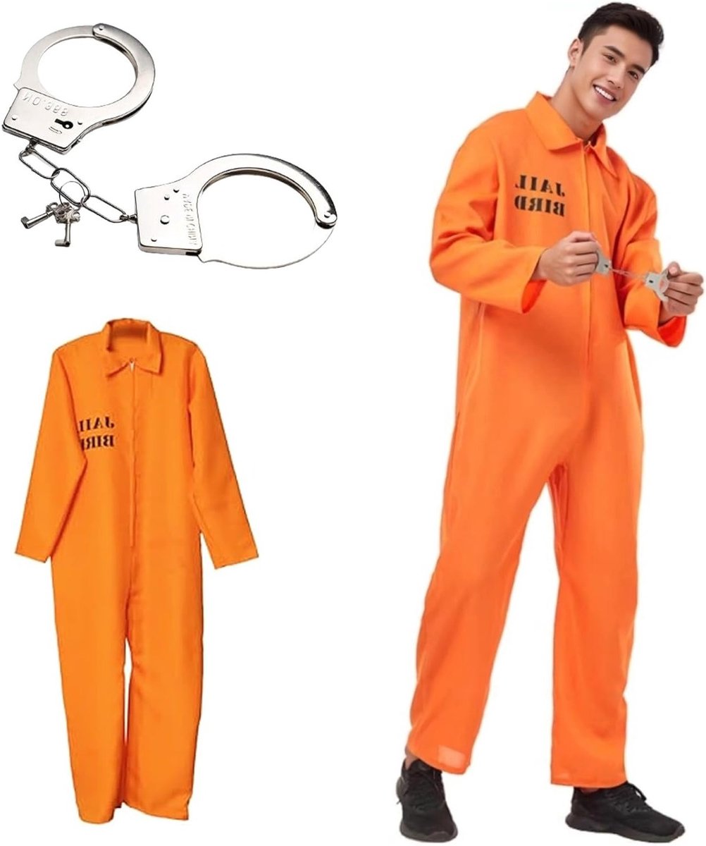 Oranje gevangenis kostuum voor mannen en vrouwen, perfect voor Halloween en carnaval, unisex overall met accessoires