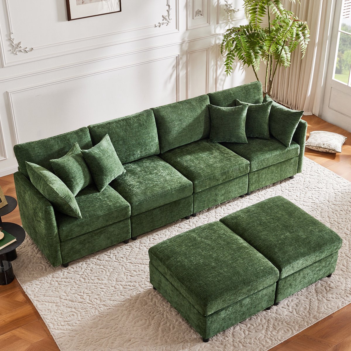 MIVRAY Hoekbank 278 x 161 cm - Modulair Met 2 Hockers En 6 Kussens - Voor Woonkamer En Appartement - Chenille Groen