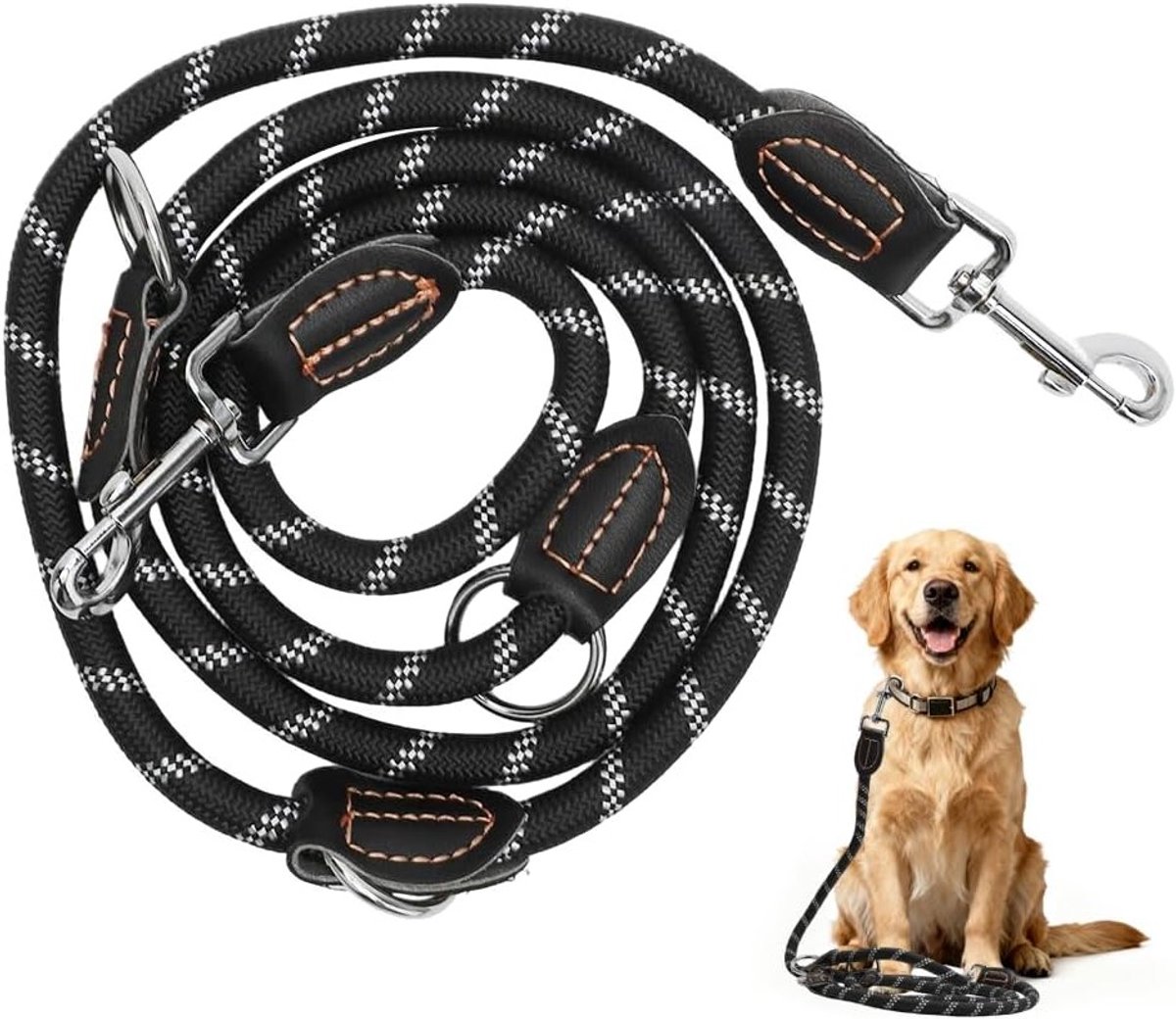 Verstelbare Hondenriem, Weerbestendig en Scheurbestendig, Herinneringslijn met 2 Karabijnhaken, 1,2 x 200 cm en 1,2 x 300 cm, Dubbele Riem van Stevig Nylon voor Grote en Middelgrote Honden, Ideaal voor Wandelen en Training