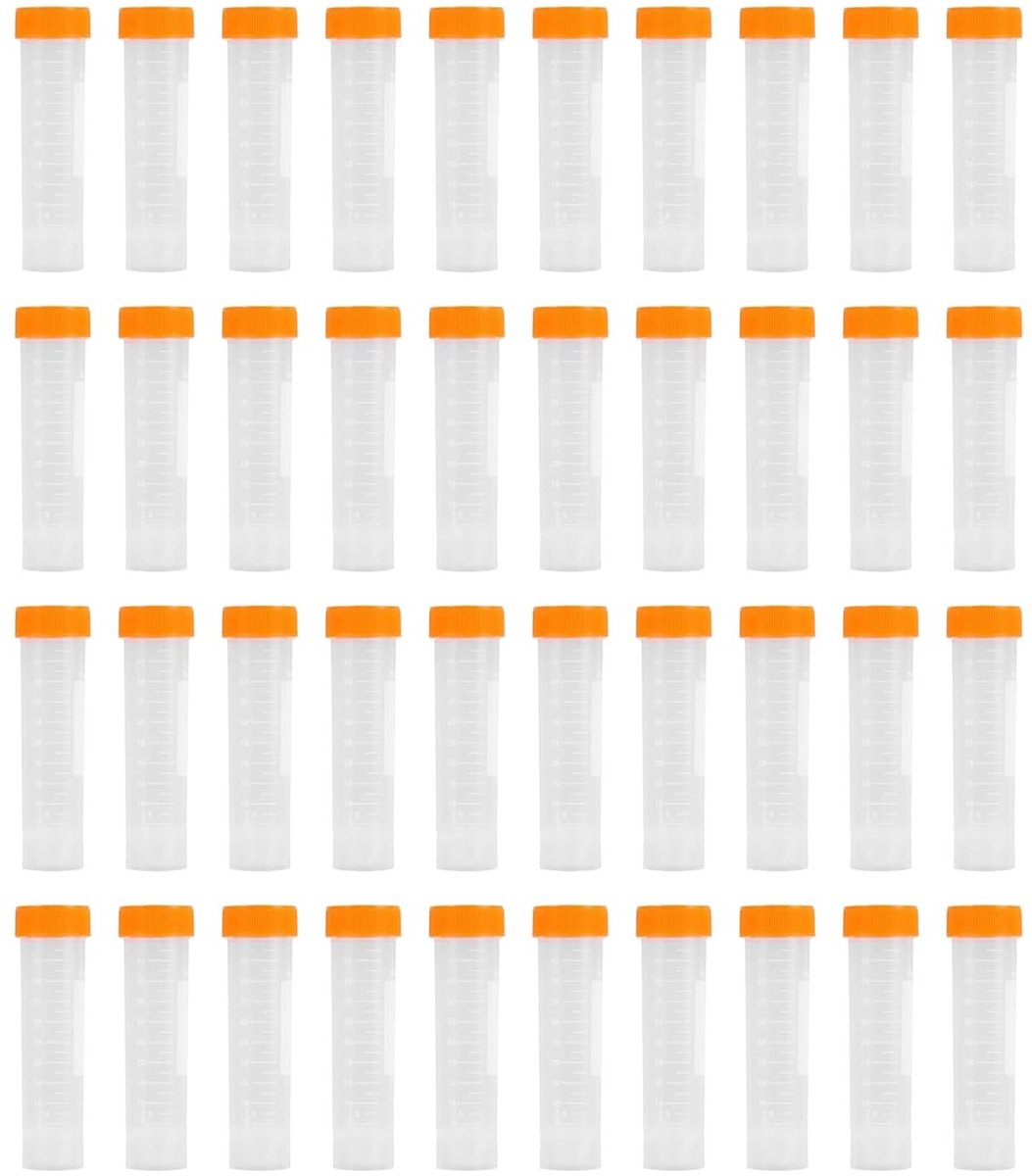 40 Stuks 50ml Oranje Proefbuisjes van Plastic voor Laboratorium Chemische Experimenten met Conische en Platte Bodem