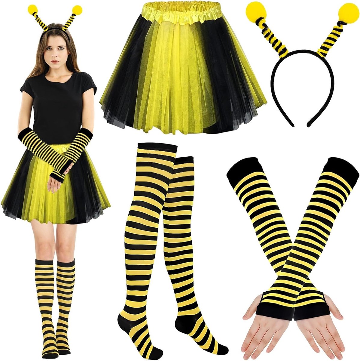 Zesdelige bijenkostuum set voor volwassenen met accessoires, tulle rok en vingerloze handschoenen