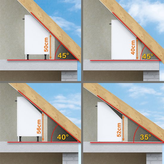 Illustratie van schuine wanden met afmetingen, 45 graden hoek, 50 en 40 cm hoog