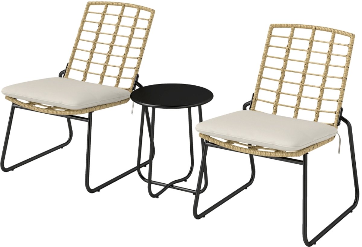 Gutent Loungesets - Balkonset - 3 Delig - 2 Personen - 2 Stapelbare Stoelen - 1 Tafel - Incl Kussens - Ratten - Weerbestendig - Beige Bruin