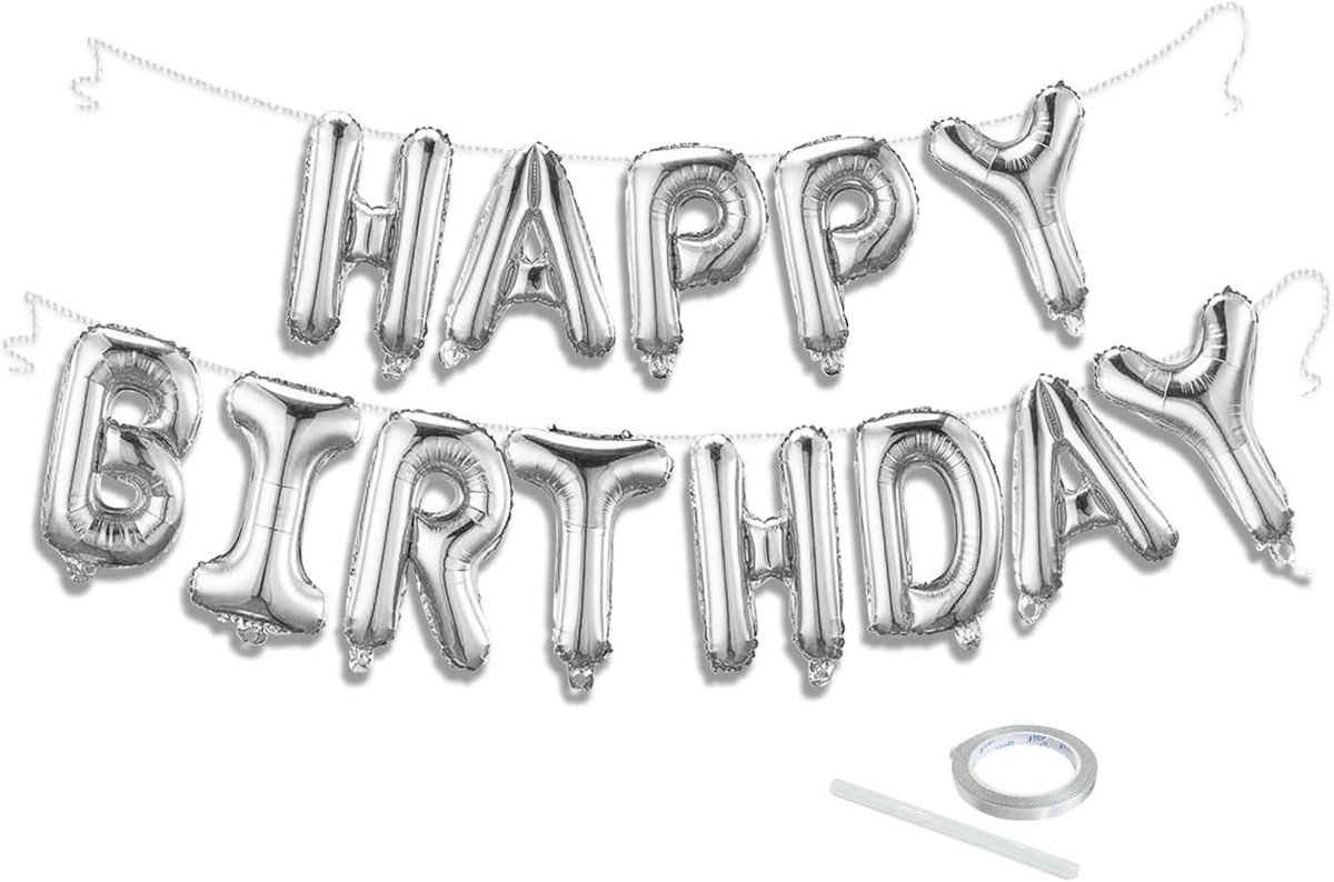 OLOEY Zilveren Happy Birthday ballonnenbanner set - 40 cm folieballonnen met letters, herbruikbare verjaardagsdecoraties en feestartikelen, geschikt voor verjaardagen van mannen en vrouwen, feestachtergrond