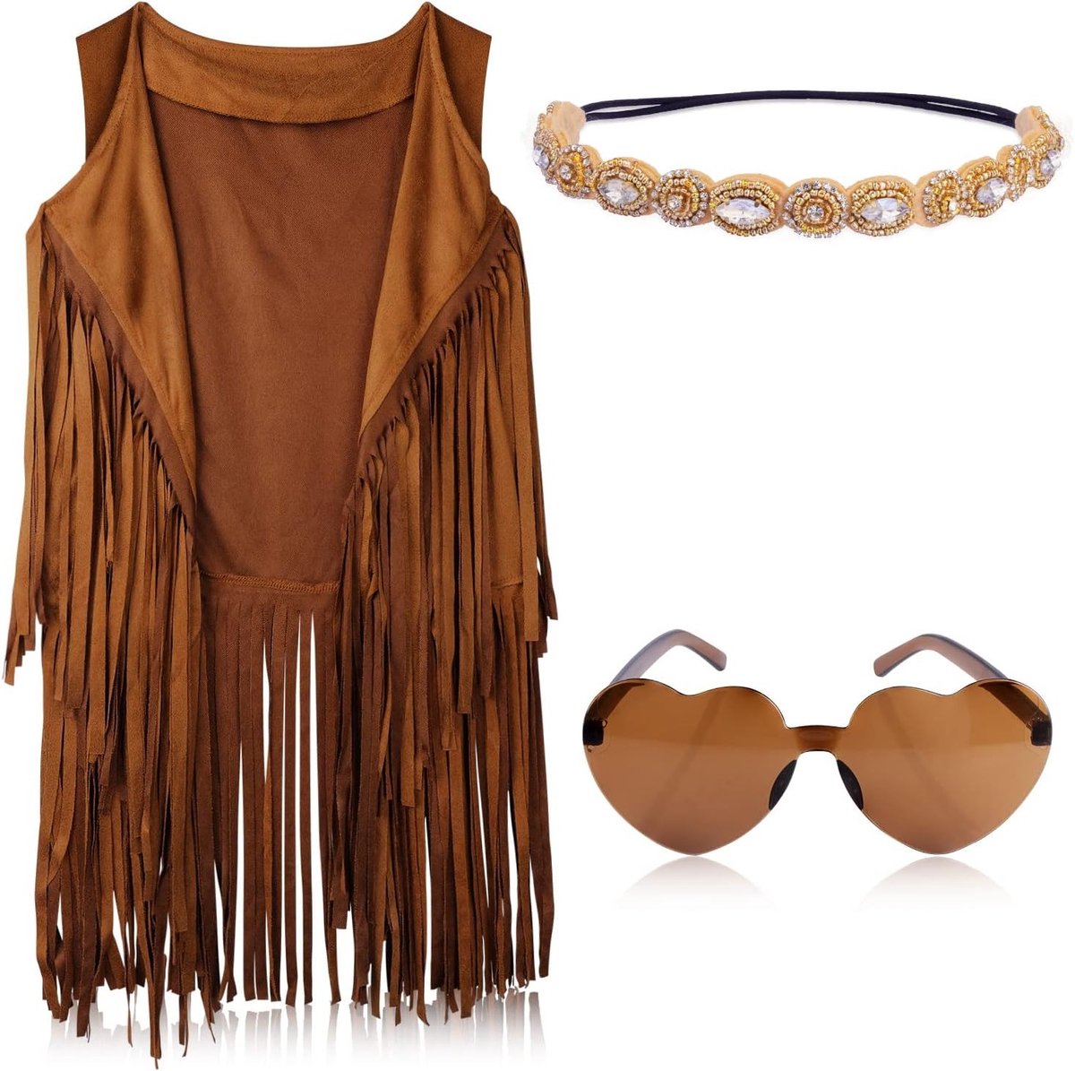 60s 70s Hippie Kostuum Set voor Dames, Boho Outfit met Franje Vest, Hoofdband en Hart Zonnebril (L) - Retro, Festival, Vintage Stijl
