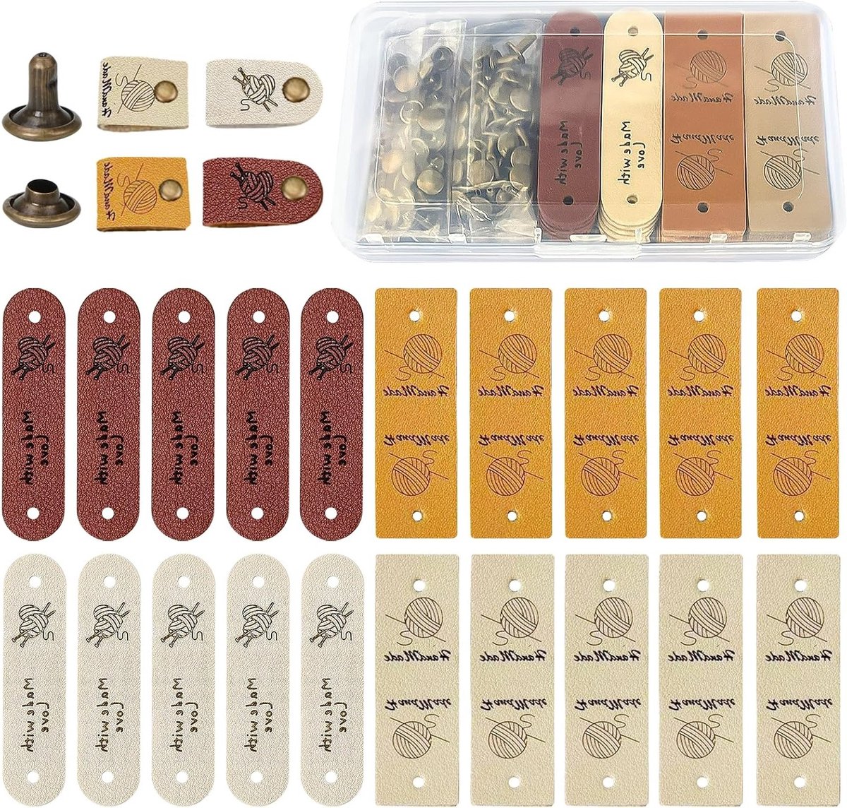 Set van 20 Handgemaakte Leren Labels voor Naaiwerk, DIY Labels voor Kleding, Sjaals en Hoeden, Met Rivets in 4 Kleuren
