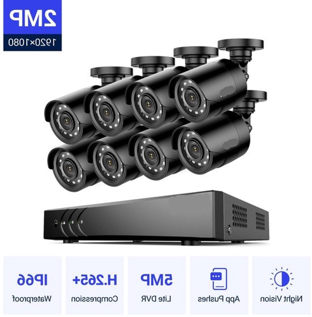 8-Kanaals Beveiligingscamera Set – HD Camera Set – Bewakingscamera – Nachtzicht Camera – Weersbestendig – 1080p Full HD – 6TB Opslag - Ingebouwde HDD: Geen