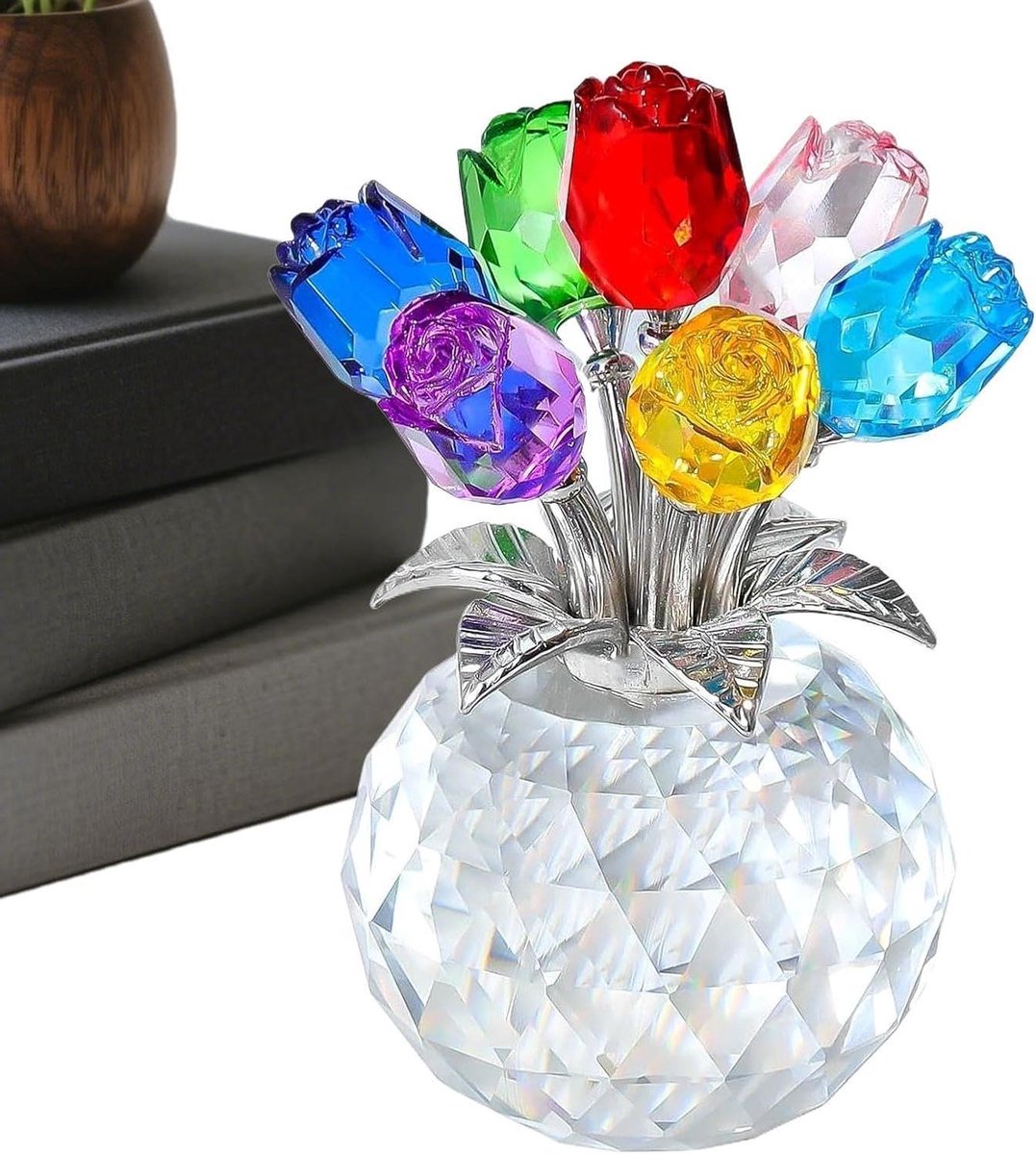 Kristallen roos beeldje - 8 x 7 x 10,5 cm romantisch bloemenornament, kleurrijk standbeeld