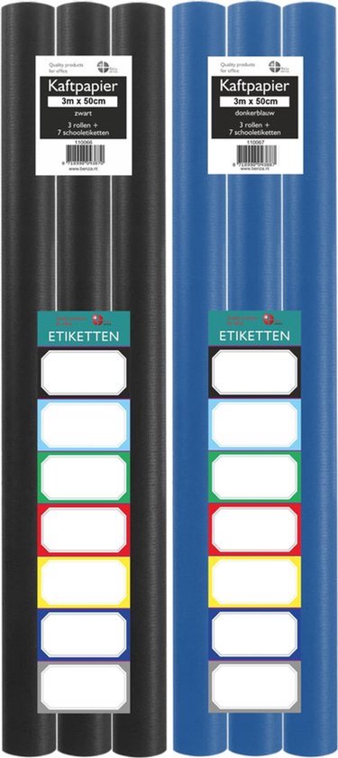 Twee bundels kaftpapier, één met vier zwarte rollen, de ander met vier blauwe rollen, elk met etiketten.