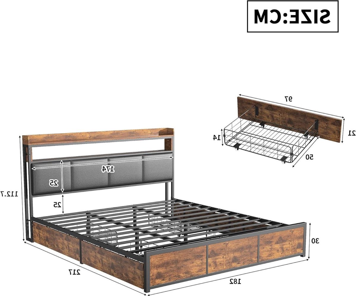 Metal Double Bed 180 x 200 cm with LED Lighting and USB Charging, 4 Drawers and Headboard,