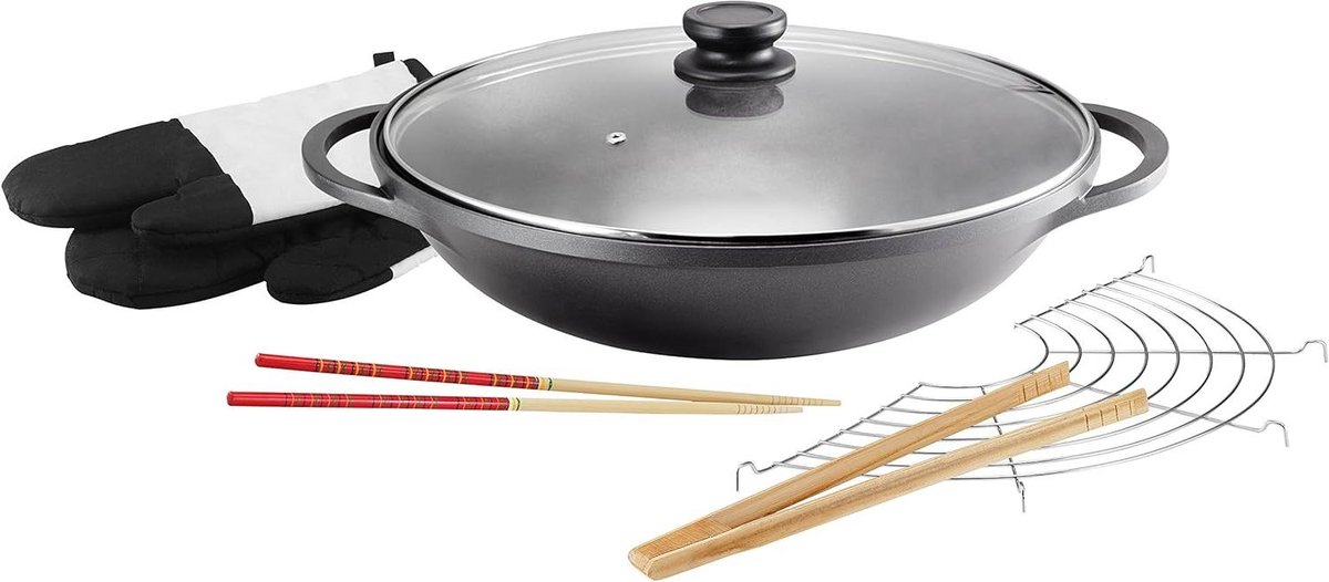 Gietijzeren Wok - Oosterse Pan - Aziatisch Koken - Inclusief Deksel Accessoires - Ø 36 cm - Zwart