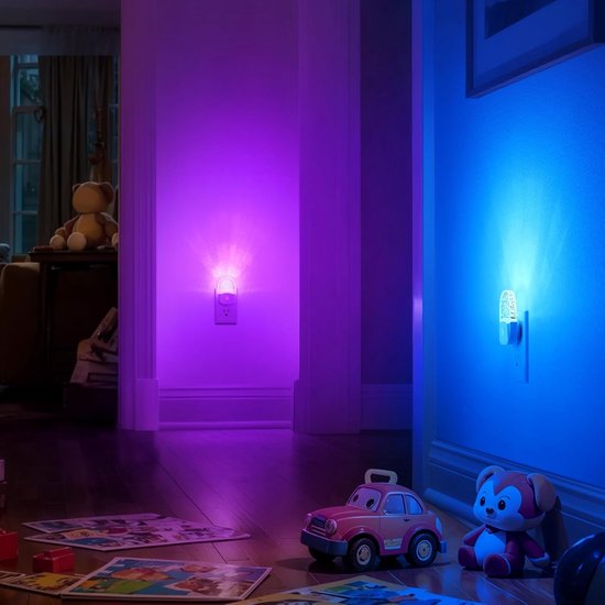 Nachtlampjes voor in het stopcontact [Set van 2] - Kleurveranderend nachtlampje voor kinderen - 7-kleuren RGB LED-nachtlampje met schemer-tot-dageraadsensor - Voor badkamer, kinderkamer of als cadeau — afbeelding 5