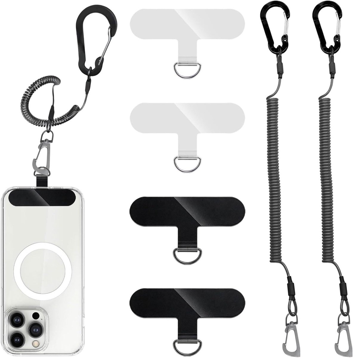 10-delige set telefoonkoord met anti-diefstal functie, spiraalkoord en 4 patches voor outdoor activiteiten zoals hiken en klimmen, geschikt voor de meeste smartphones