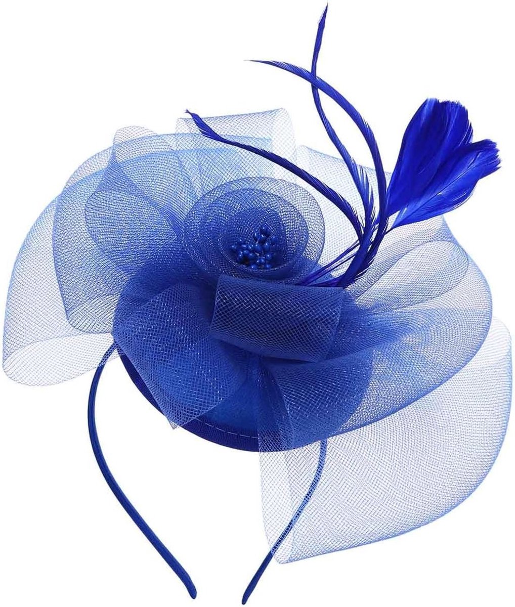 Elegante Blauwe Haaraccessoire met Veer en Bloemen voor Bruiloft en Feest
