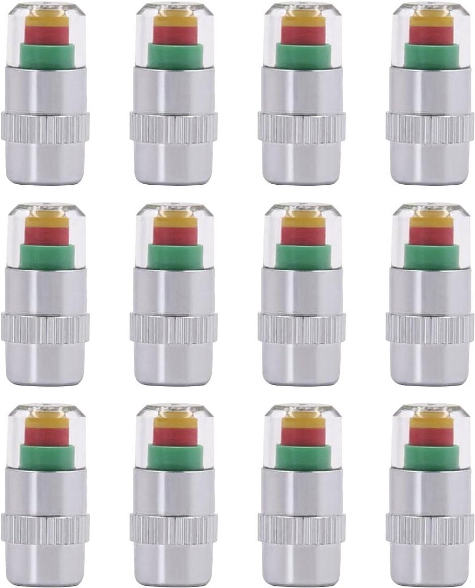Autobandenspanningsmeter - Ventieldoppen - Veilig Rijden - 3-kleuren Oogwaarschuwing - 12 stuks - Zilver