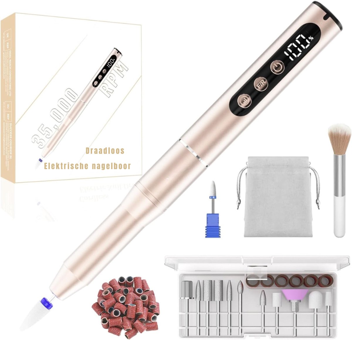 TIM® Nagel spullen - Elektrische Nagelvijl - Nagelfrees - Goud - 2cm x 2cm x 15cm