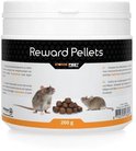 Pot met 'Reward Pellets' van KnooK PEST CONTROL, 200g, met afbeeldingen van een rat, muis en pellets.