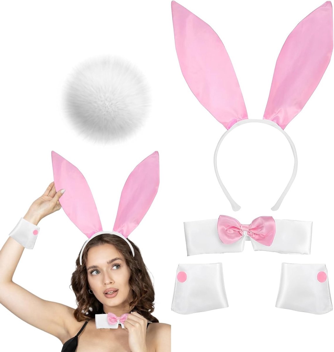 Compleet Konijnen Kostuum Set met Oorbellen, Strik, Manchet en Staart - Perfect voor Feestjes en Themafeesten - Unisex - Wit en Speels