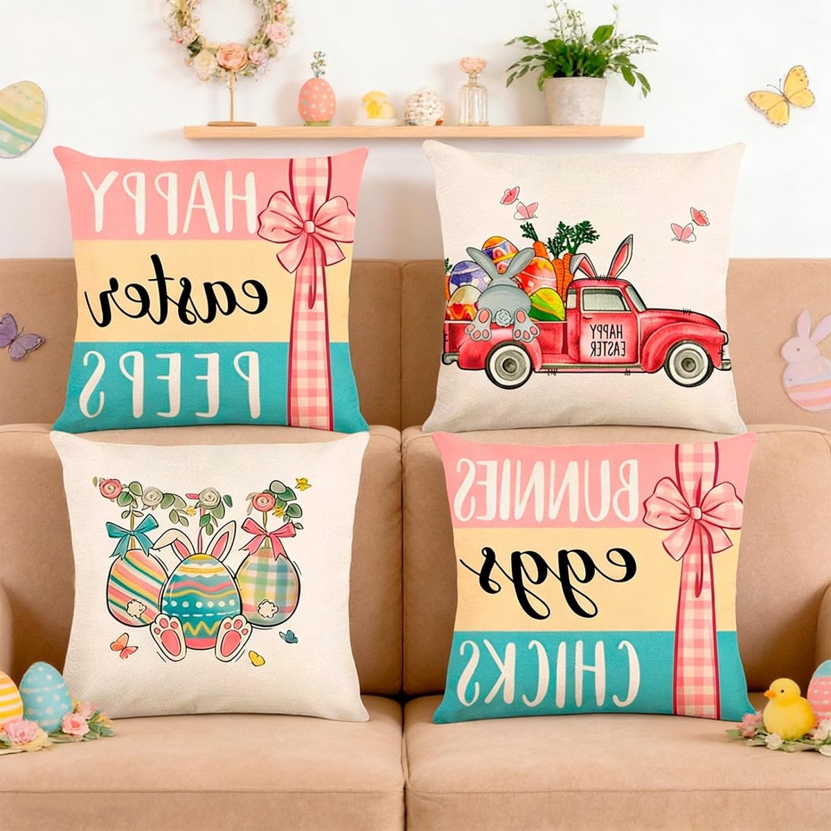Set van 4 Kussenhoezen voor Pasen, 45 x 45 cm, Decoratie voor Woonkamer en Slaapkamer, Modern Design, Lente Thema, Konijn Motief