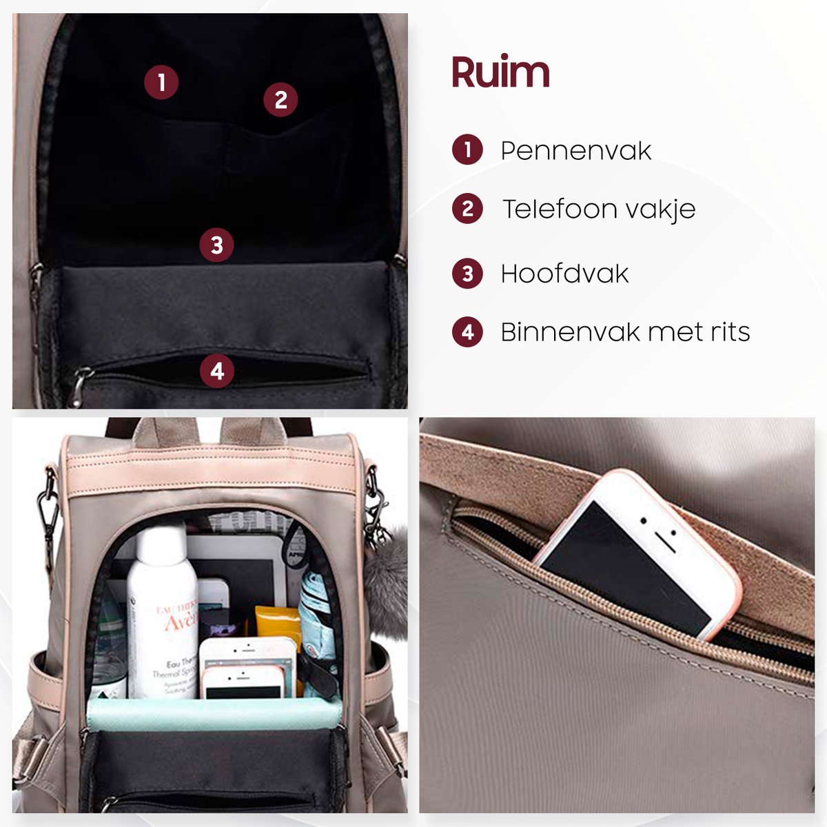 Glennoo Anti-diefstal rugzak - Rugtas dames - Waterdicht - Klein - Anti-theft backpack - Nylon - Beige – foto 7