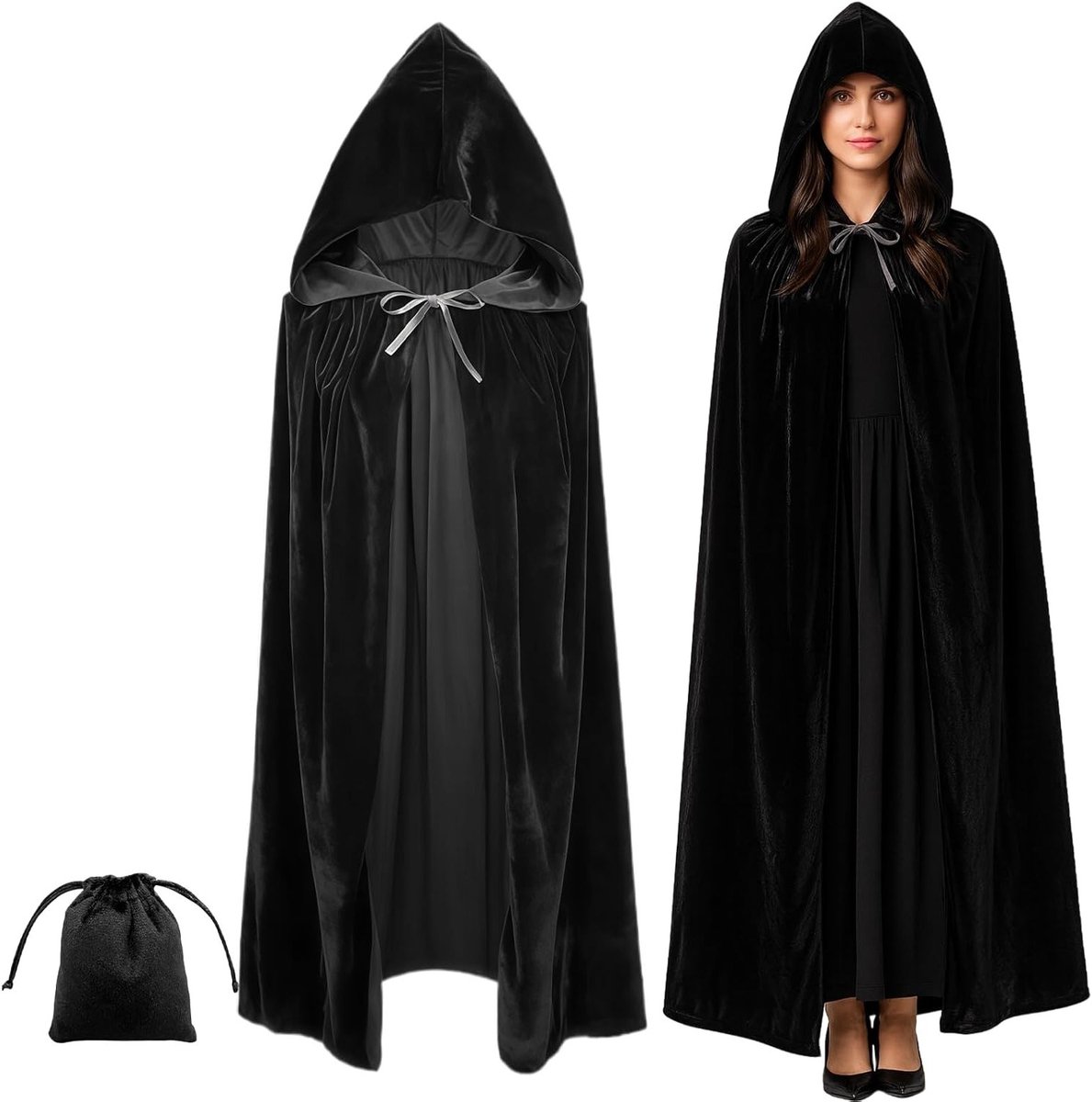 Zwarte Fluwelen Mantel 150 cm Lange Gewaad met Kap voor Halloween Kostuum, Middeleeuwse Vampier Outfit, Unisex Accessoires