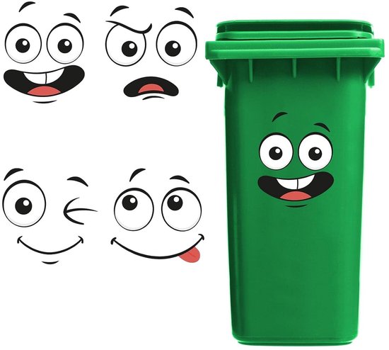 Afvalcontainerstickers - decoratieve karikatuur stickers - ogen en mond - vuilnisbak - keuken - geschikt voor binnen- en buitengebruik - groot formaat - opvallende stickers - grappige uitdrukkingen met ogen en mond - 4 stuks.