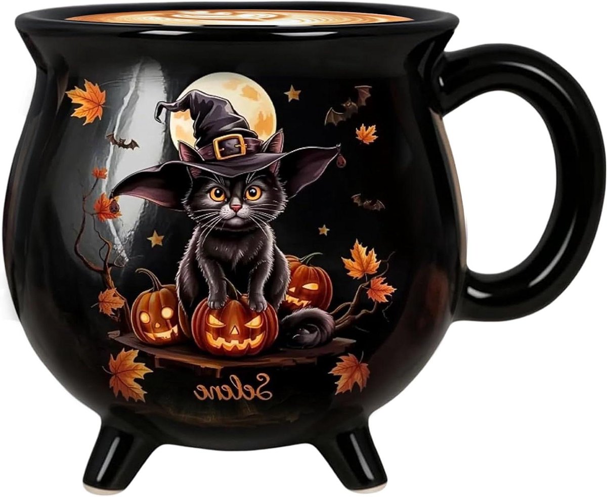 Heksenkat Mok - Themabeker Ketel - Feestelijke Drankjes - Gotisch Design - 400 ml - Zwart