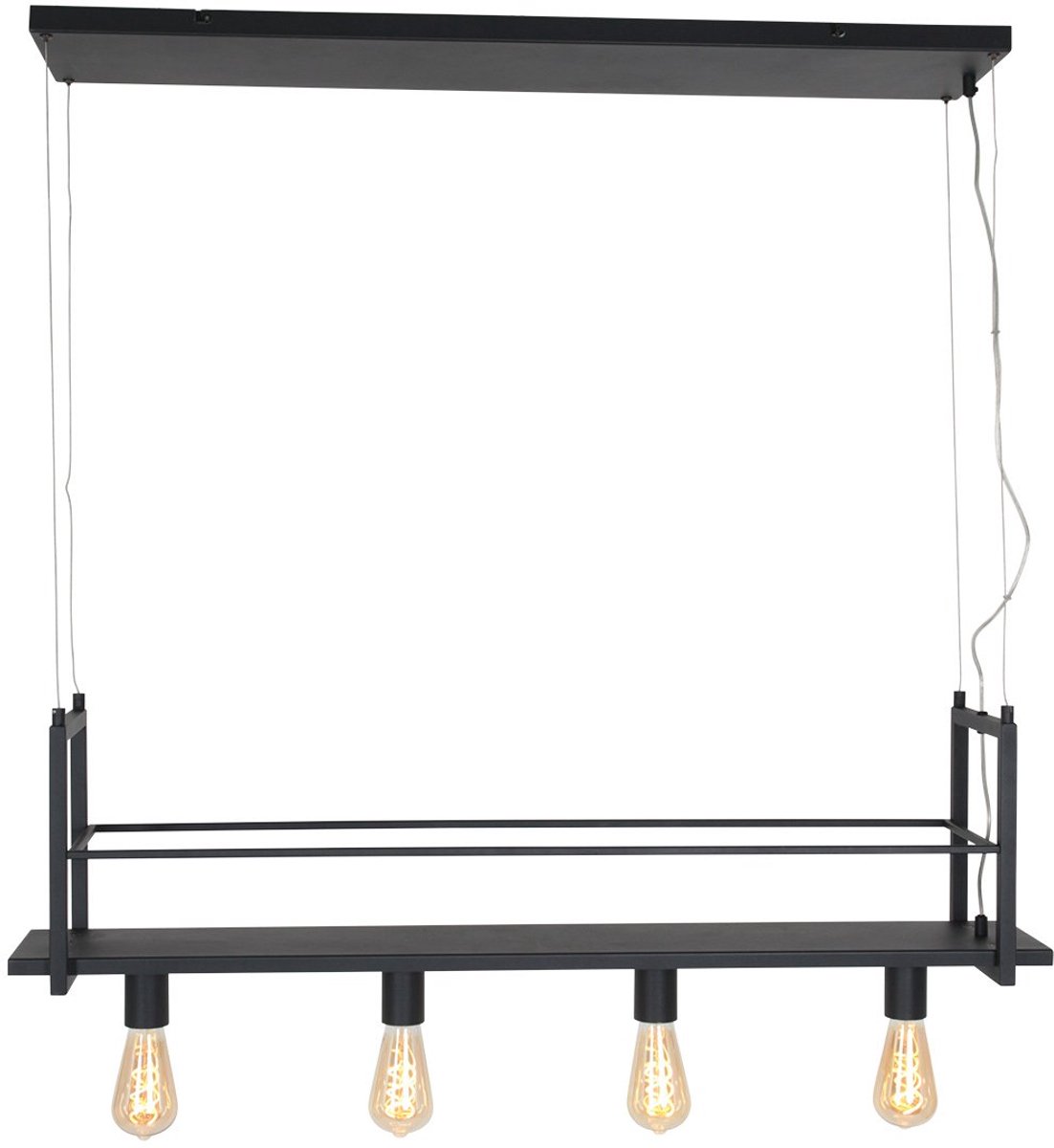 Zwarte hanglamp Buckley 2983ZW van Mexlite - Industrieel design, 100 cm breed, hoogte instelbaar van 60 tot 140 cm, materiaal: metaal, kunststof en elektronica