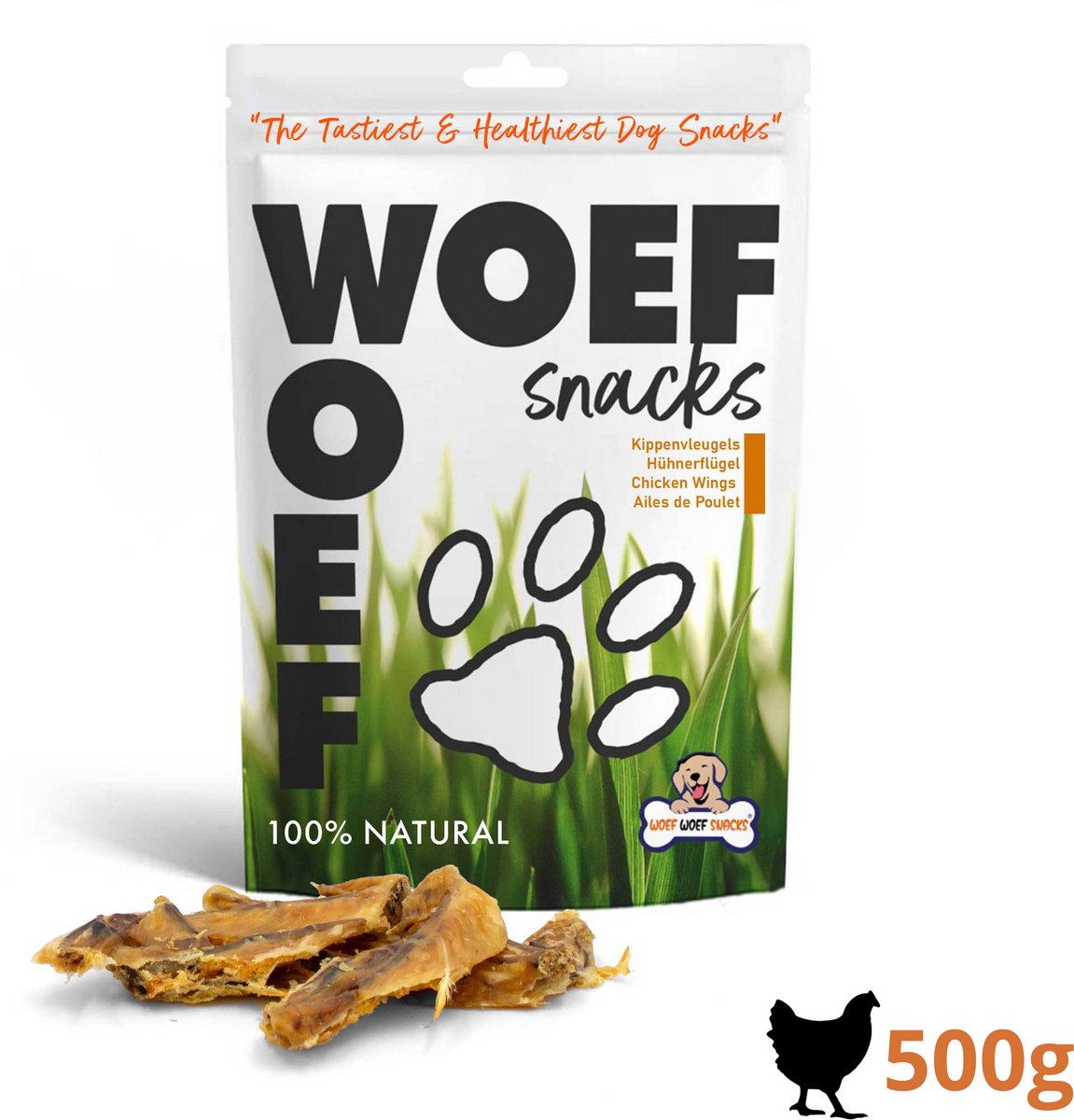 Woef Woef Snacks Hondensnacks Kippenvleugels 0.50 KG - Verwensnacks Hondensnoepjes - Gedroogd vlees - Kip - vanaf 3 maanden - Geen toevoegingen
