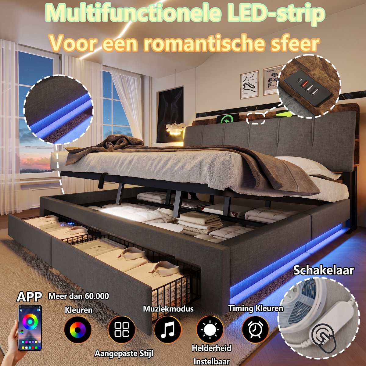VVBV Gestoffeerd Opbergbed met Hydraulische Opbergruimte 180x200 cm - LED-Verlichting - Linnen Grijs - Zonder Matras Gray