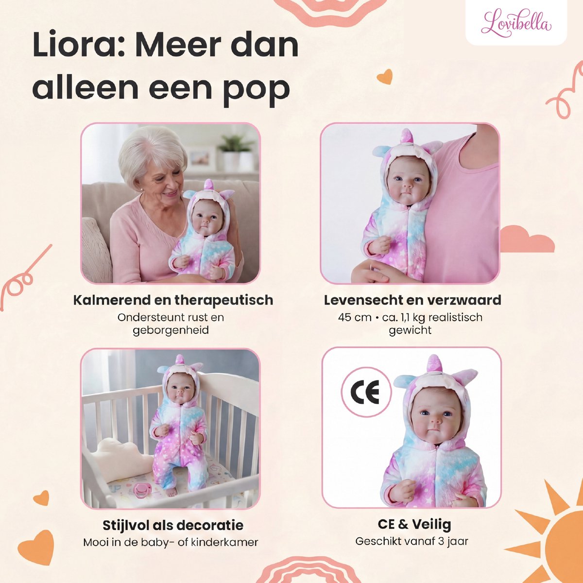 Lovibella® Elara Unicorn Levensechte Babypoppen - 1,1 Kilo - 45 CM - Reborn Baby Pop - Met Accessoires - Reborn Baby - Reborn Baby Doll - Dementie Pop - Reborn Poppen Meisje — afbeelding 2