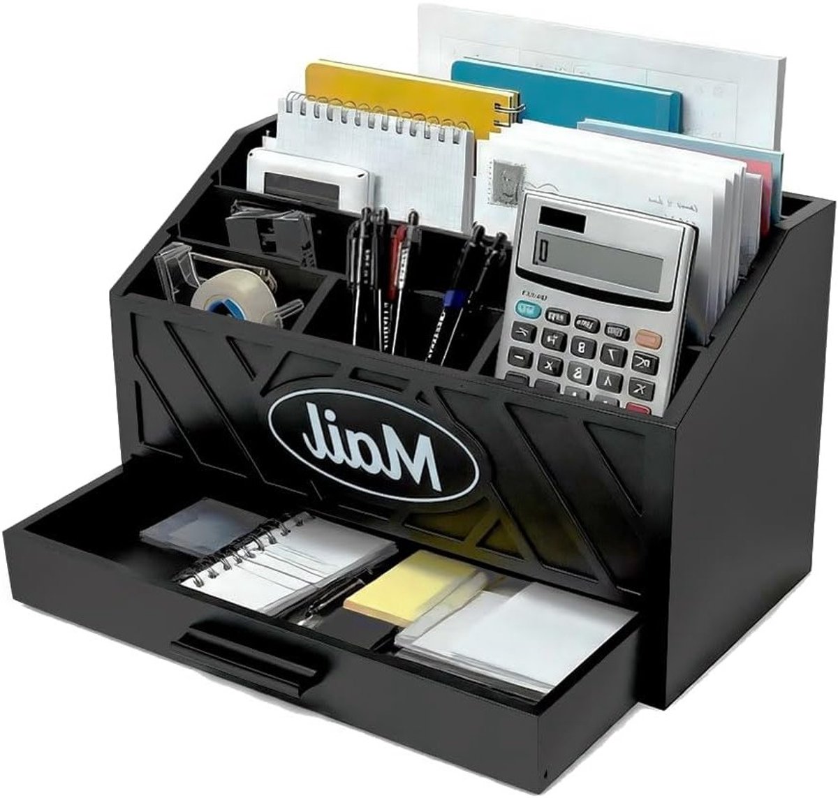 Houten Bureau Organizer met 6 Compartimenten en Lade voor Kantoor, School en Documenten, Zwart Hout