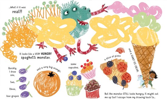 Une image de monstre de spaghettis, pizza, cupcakes, orange et raisins avec une fille qui regarde.