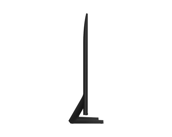 Zijaanzicht van de dunne rand van een zwarte Samsung tv met standaard.