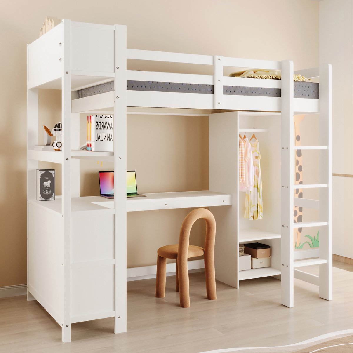 MODFU Hoogslaper - Met Bureau En Opbergruimte - Minimalistisch - Grenenhout En MDF - Wit - 90 X 200 Cm