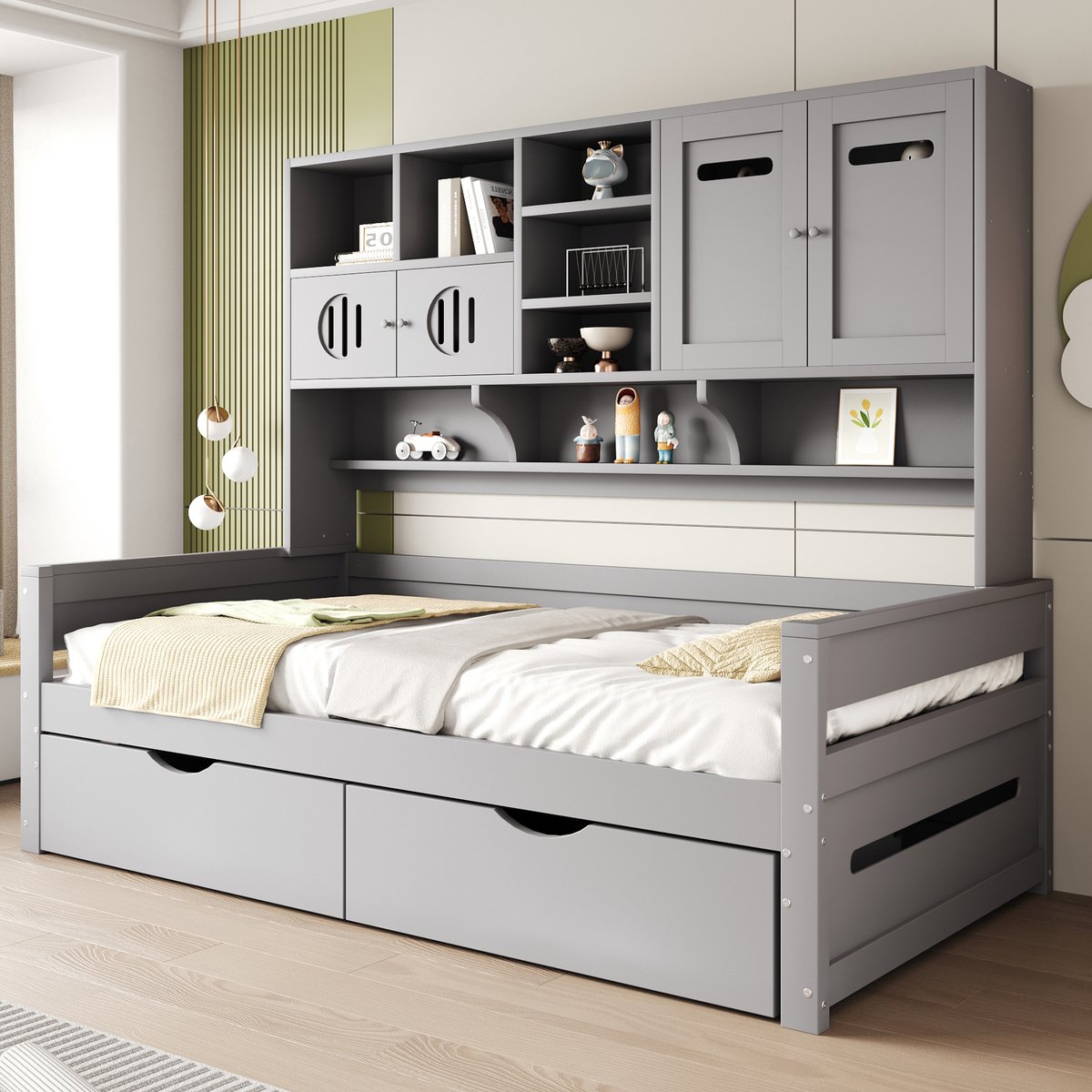 MODFU - Eenpersoonsbed - Met Opbergruimte En 2 Laden - Strak Design - Voor Slaapkamer - Hout - Grijs - 90 x 200 cm