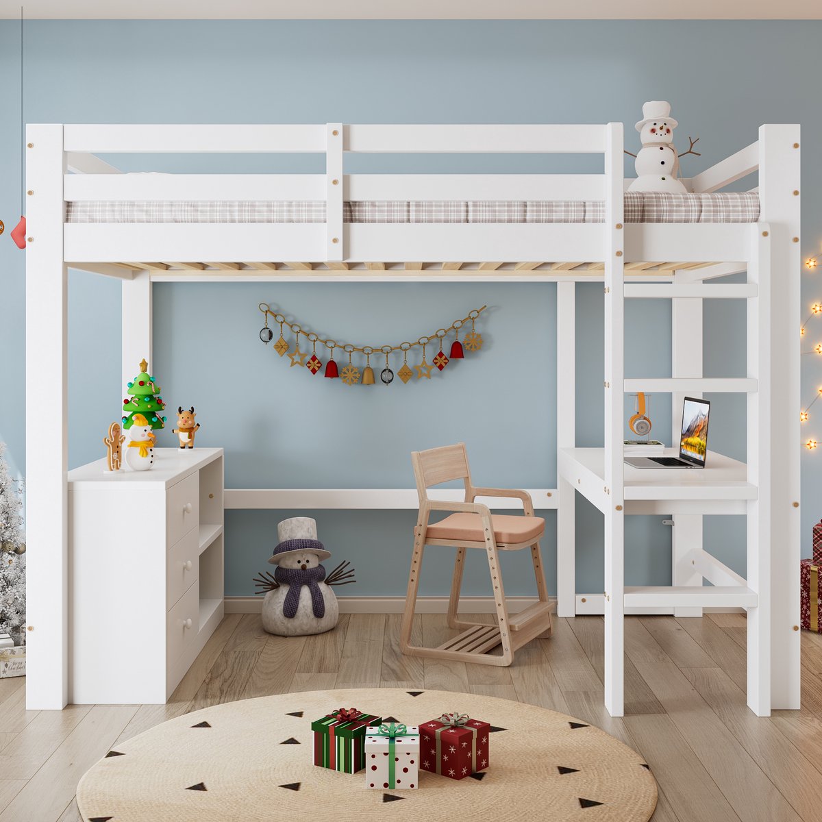 MODFU Hoogslaper - Met Bureau En Opbergruimte - Viertraps Ladder - Hout En MDF - Wit - 90x200 Cm
